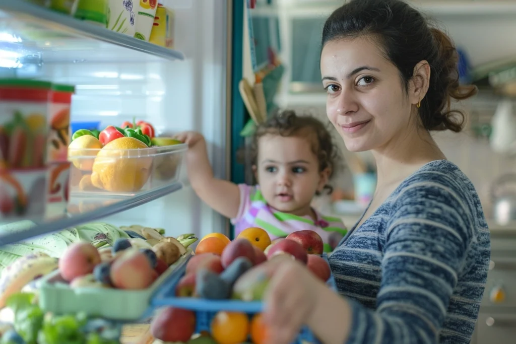 woman takes out healty food on fridge